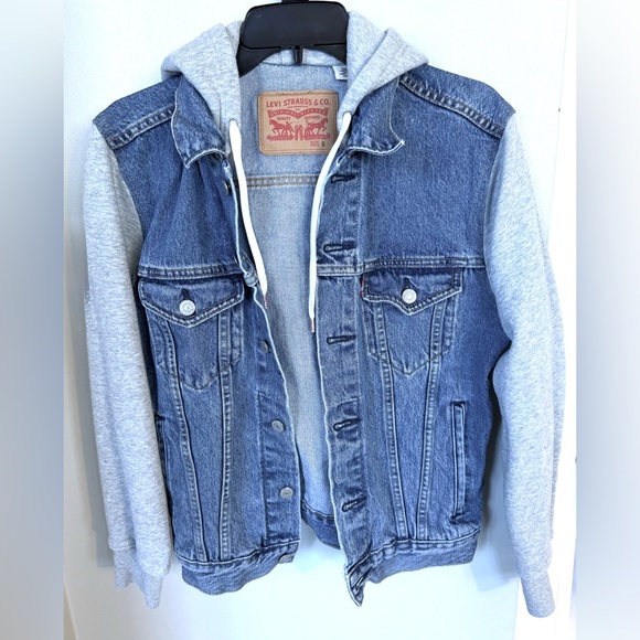 Levi’s Hybrid Hoodie Trucker Jacket Blue Denim Men’s S Small Heavyweight Gray - Picture 4 of 11